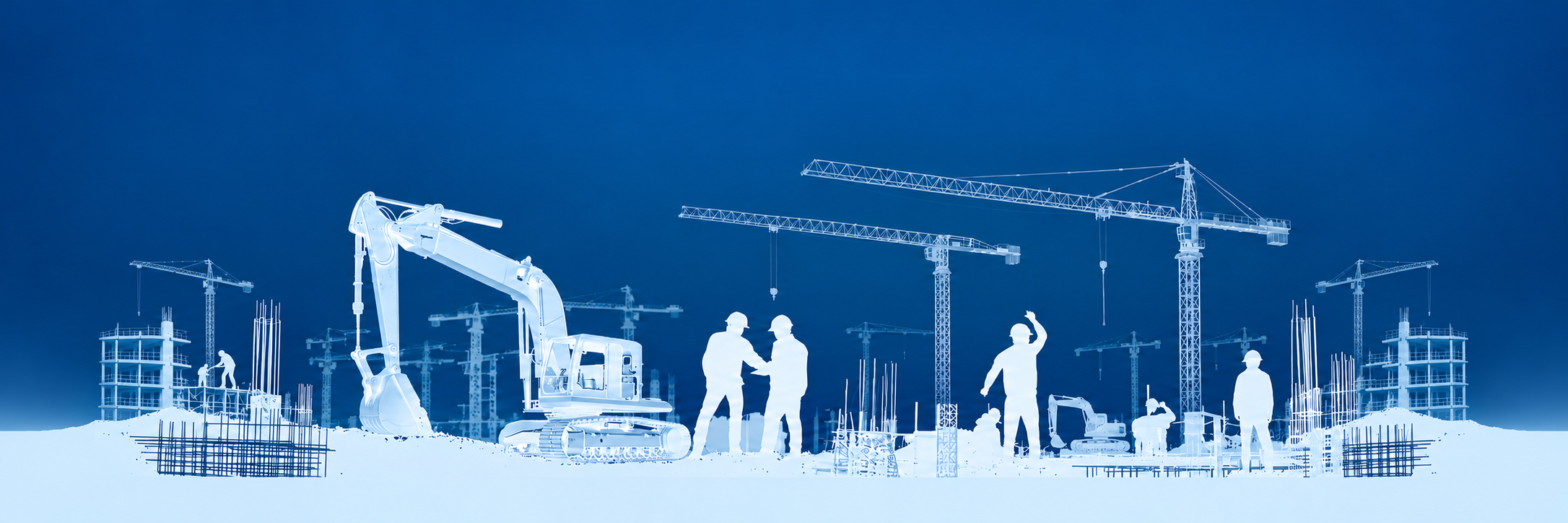 Blue construction illustration with civil engineers, an excavator and tower cranes